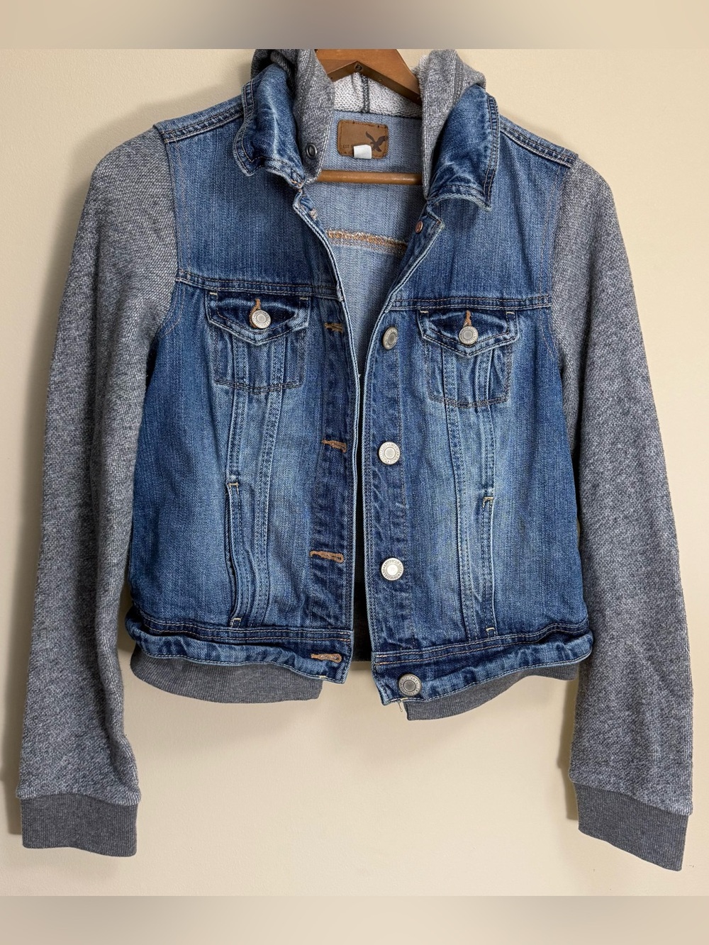 American Eagle Outfitters Blue Denim Jacket with Gray Knit Sleeves
